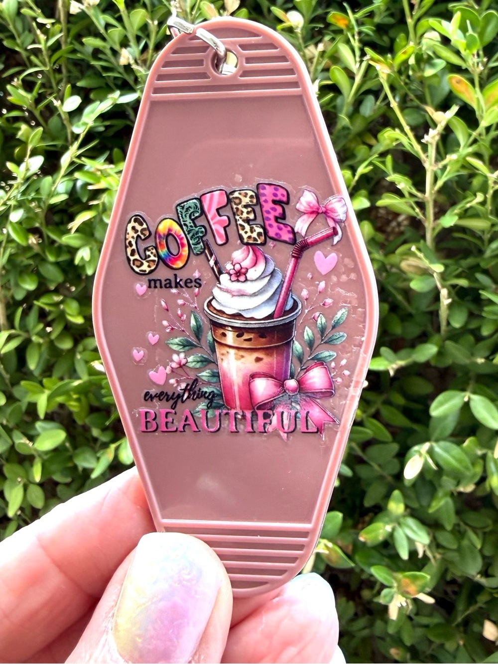Vintage style motel key 3.5” keychain feminine coffee-themed gift idea